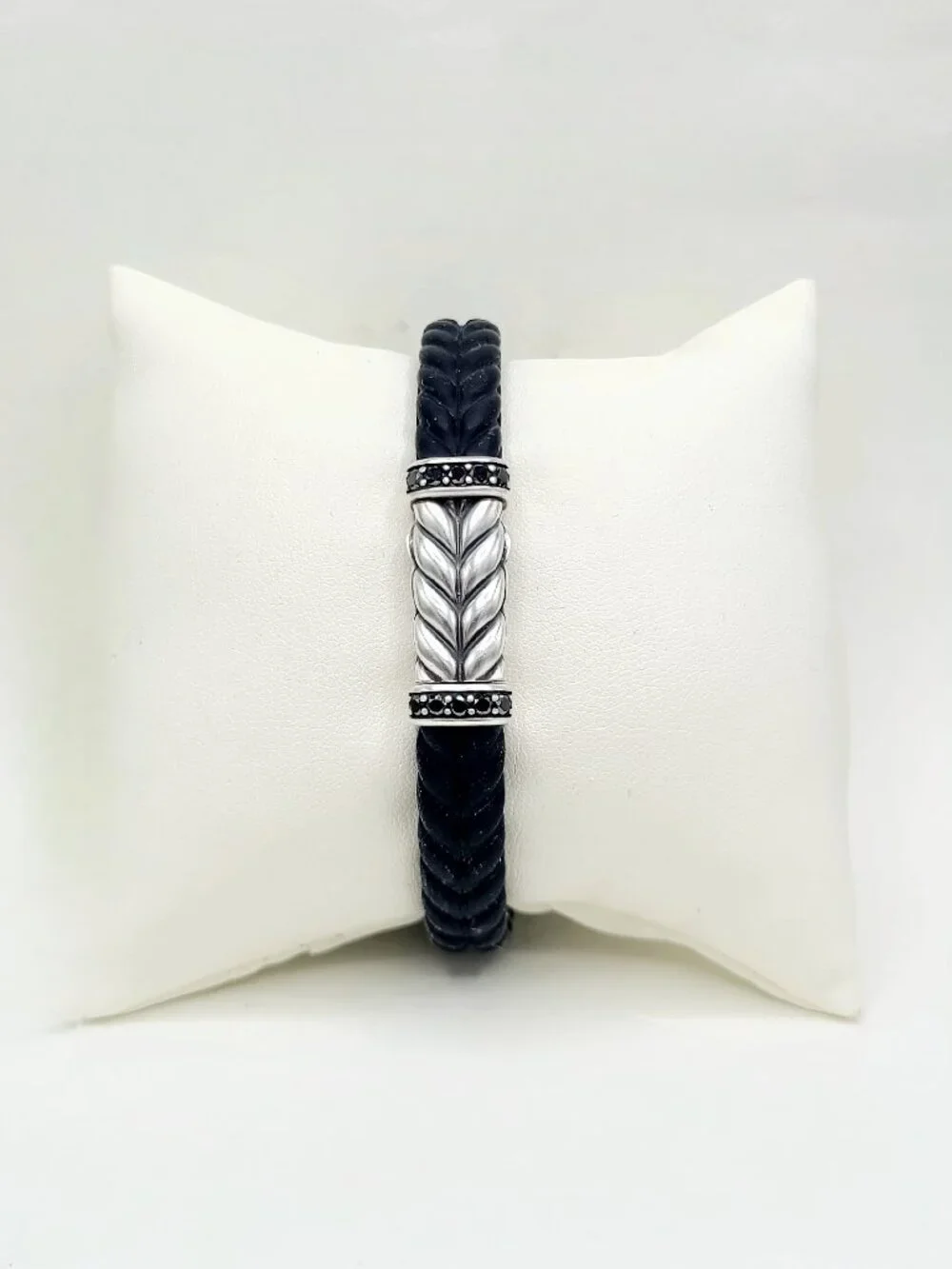 David Yurman Chevron Bracelet in Black Rubber w/ Pavé Black Diamonds, 9mm Sz Sm
